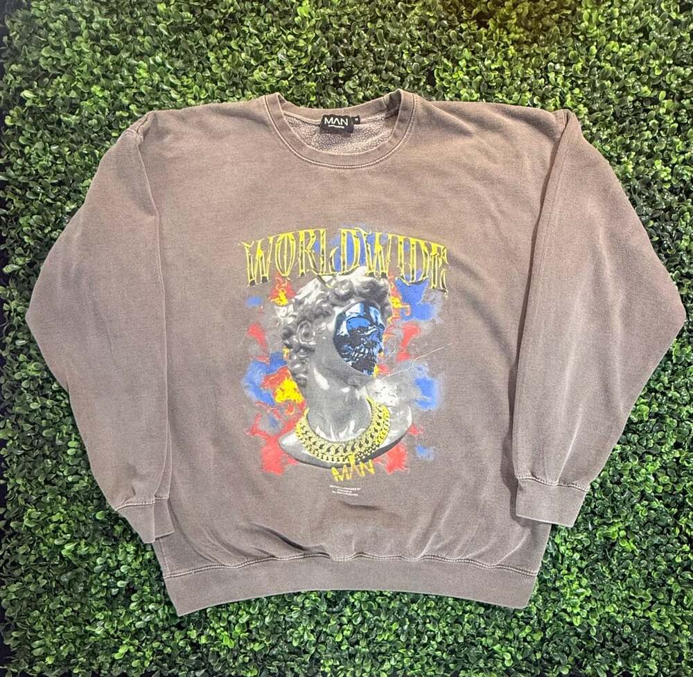 boohooMAN Worldwide Graphic Crewneck Sweatshirt with Statue and Skull Print